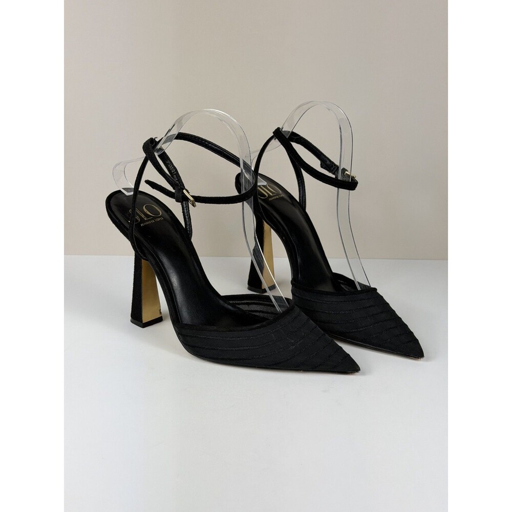 JLO Jennifer Lopez Black Pointed Toe Stiletto Pumps with Ankle Strap Buckle